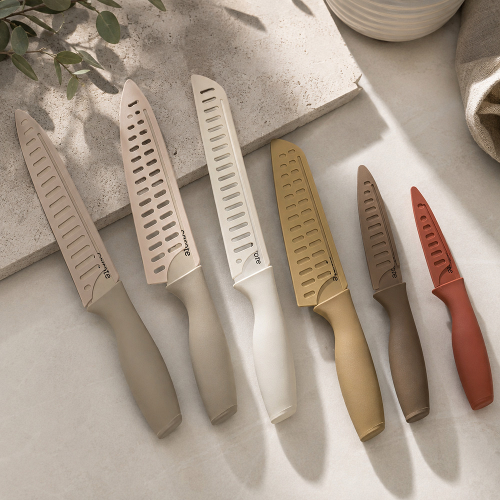 New CAROTE 12 Pc Kitchen Knife Set Neutral Colors Ceramic Coated Stainless Steel